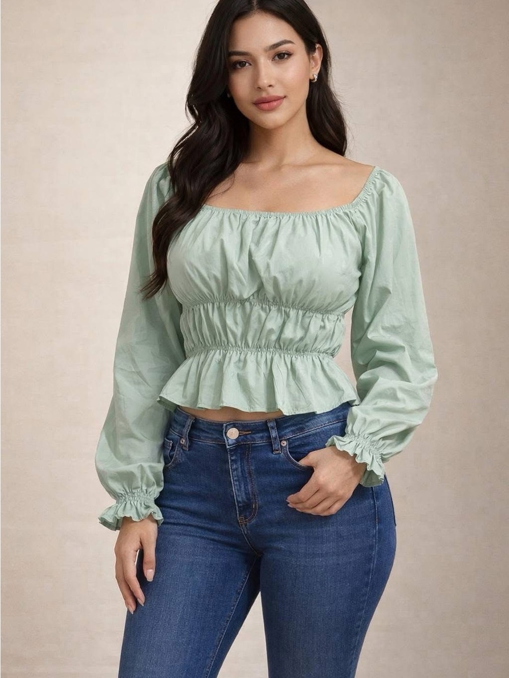 Women's Mint Green Smocked Peplum Crop Top – Long Sleeve